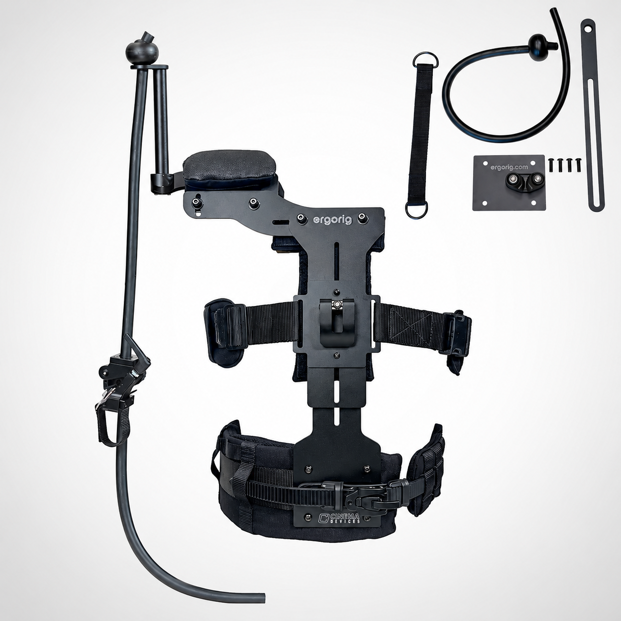 Ergorig Vest Isolated on Soft Gradient Ergorig II CenterFit Short camera support vest with CounterForce, Undersling and Riser accessories